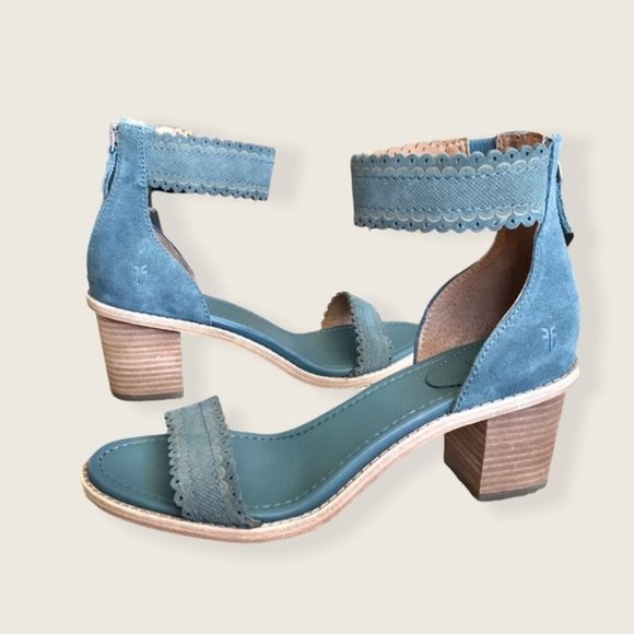 $340 Frye Teal/Turquoise Brielle Scallop Leather Suede Ankle Strap Heel Sandals - Picture 9 of 16